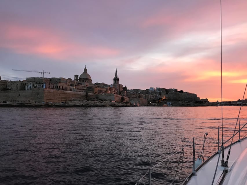 From Valletta: Romantic Sunset Cruise on a Sailing Yacht - Dinner under the stars at anchor, Manoel Island or Rinella Bay