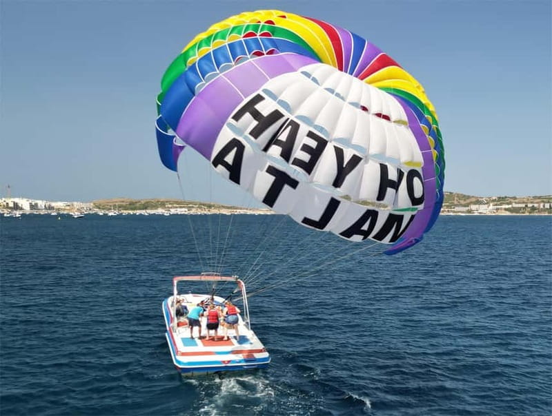 Mellieha Bay: Parasailing - The Ride Out and the Takeoff Platform Over Mellieha Bay