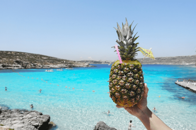 Party Prowl: Crystal Lagoon, Gozo, Santa Maria Caves, Malta - Onboard setup: sun deck, seating, canopy, and a Bluetooth playlist